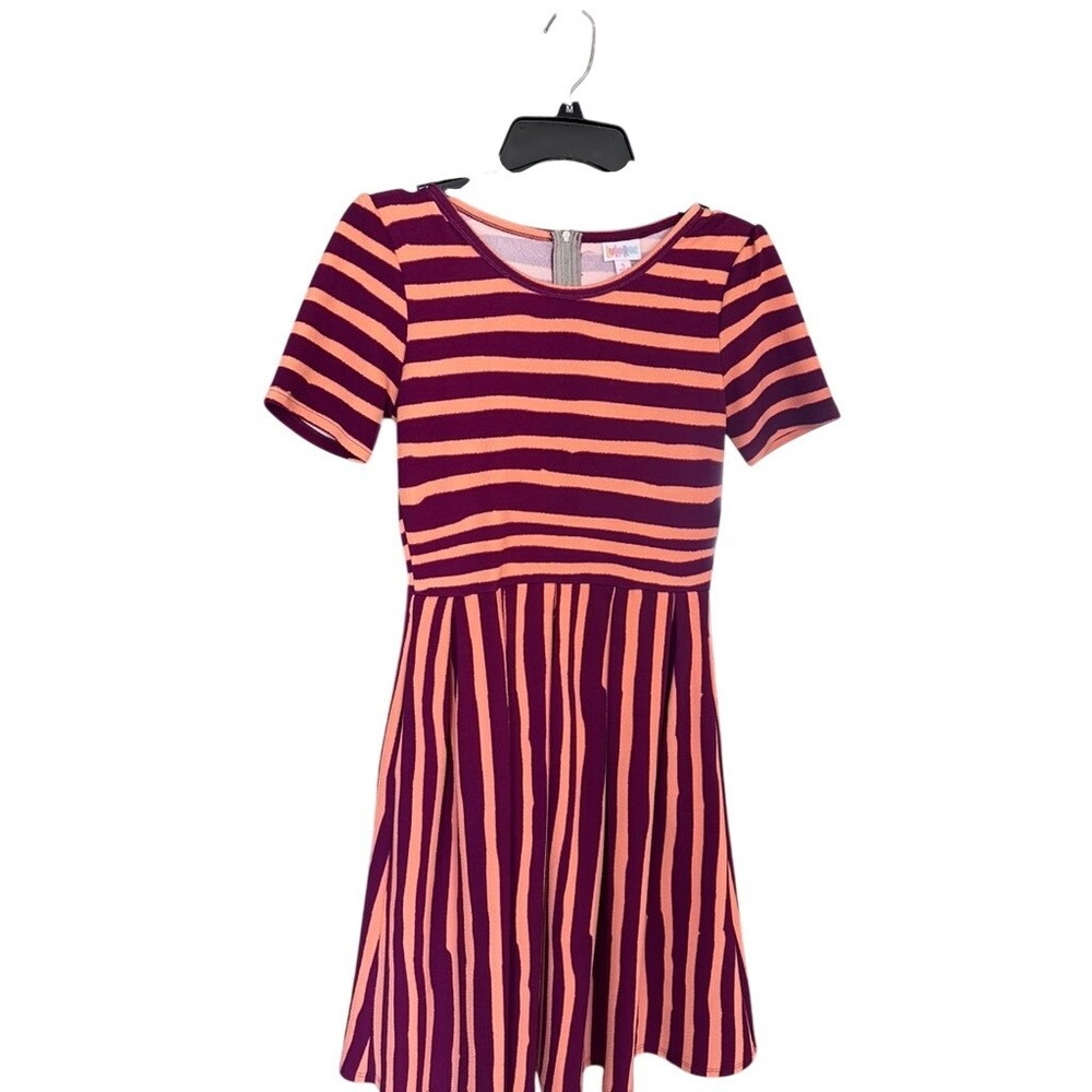 LuLaRoe Amelia dress: Maroon and Orange‎ Striped Fit Flare, S